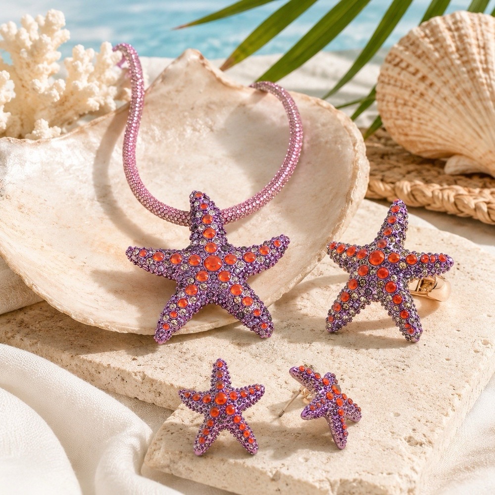 Betsey Johnson Set-Starfish Necklace Ring Stud Earrings Purple Coral Rhinestones